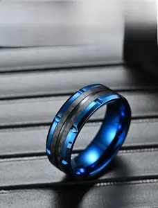 Detail of blue titanium steel ring featuring black carbon fiber inlay and gear edges