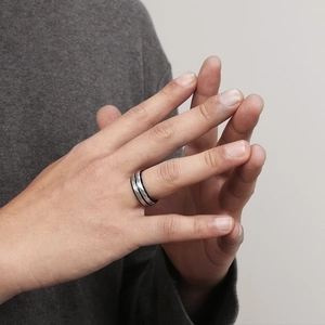 Men's titanium steel ring with silver faceted surface and blue inner band plating