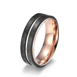 Bague pour Hommes en Acier Inoxydable et Fibre de Carbone Bicolore Bleu Or Rose Électroplaqué Poli Anneau Bijoux de Mode Masculin