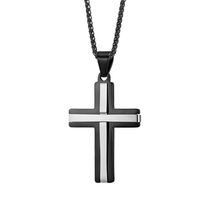 Collar de acero con colgante de cruz bicolor plata y negro con cadena de trigo para hombre
