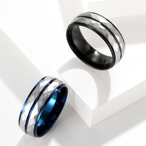 Men's titanium steel rings with geometric diamond cut texture in black and blue