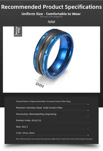 Detail view of 8mm men's stainless steel ring with blue and black carbon fiber inlay