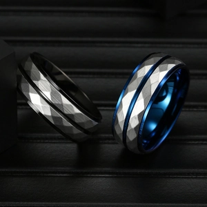 Mens faceted tungsten steel rings set with brushed finish and blue electroplated interior
