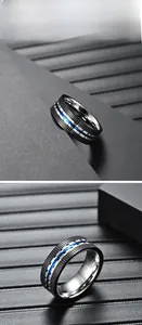 Macro detail of men's two-tone stainless steel ring with black grid and blue accent line