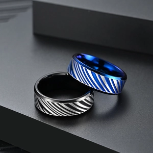 Men's titanium steel rings in black and blue featuring elegant silver diagonal stripes