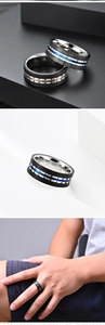 Macro detail of men's black stainless steel ring with grid texture and blue inlay