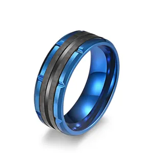 Original Stainless Steel Carbon Fiber Slotted Ring For Men Electroplated Trendy Blue Steel Color Geometric Finger Ring Jewelry