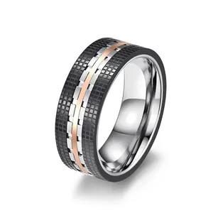 Trendy Men Stainless Steel Grid Pattern Ring Electroplated Two Tone Blue Rose Gold Fashion Band Ring For Men Women Daily Jewelry
