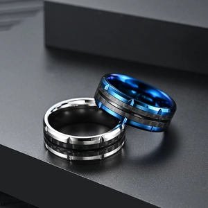 Men's stainless steel rings with carbon fiber inlay and industrial grooved details