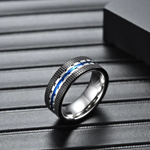 Polished men's titanium steel ring with black grid pattern and striking blue center line