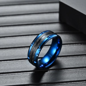 Men's blue and black stainless steel ring with carbon fiber inlay and mechanical edges