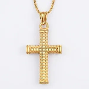 Collier Pendentif Croix en Acier Inoxydable Texturé Vintage pour Hommes Chaîne Épi de Blé Plaquée Or Bijoux Mode Religieuse