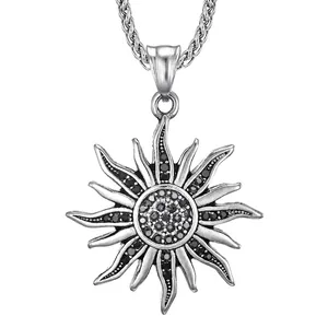 Vintage Edelstahl Sonnengott Sonnenblume Anhänger Halskette Mit Schwarzem Strass Retro Hip Hop Punk Unisex Schmuck Mit Kette