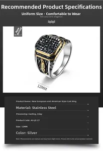 Macro detail of men's square stainless steel ring with black gems and gold feathers