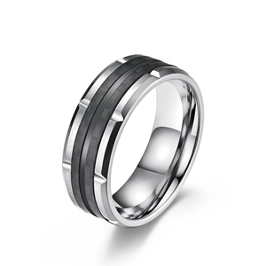 Polished stainless steel ring for men with gear notches and black carbon fiber inlay