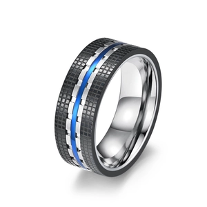 Men's titanium steel ring with black mesh texture and vibrant blue inner racing stripe