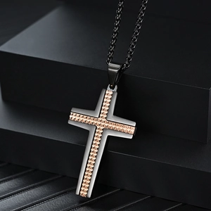 Titanium steel cross necklace with diamond pattern inlay and black wheat chain