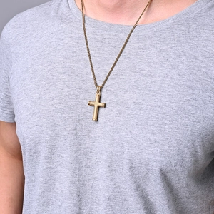 Collier croix religieuse en acier inoxydable pour homme avec texture grillagée dorée