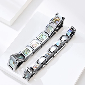 Polished tungsten steel couple bracelets with colorful iridescent abalone shell inlays