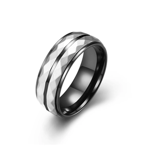 Men's hip hop silver and black stainless steel ring with geometric diamond-cut facets