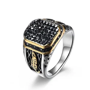 Men Vintage Stainless Steel Ring Retro Punk Square Black Rhinestone Inlaid Gold Feather Relief Ring Band Jewelry For Men