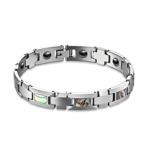 Polished tungsten steel health bracelet with abalone shell inlays and magnetic stones