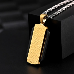 Men's two-tone hammered rectangle pendant necklace with gold and black steel twist chain
