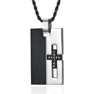 Collier Pendentif Croix Homme en Acier Inoxydable Incrusté de Strass Noirs Rectangulaire Géométrique Bijoux Mode avec Chaîne Torsadée Noire