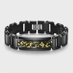 Bracelet à Maillons pour Hommes en Acier Inoxydable Noir Mat Motif Camouflage Style Militaire Bijou de Mode en Métal