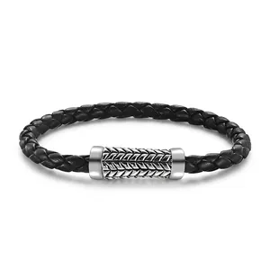 Bracelet Homme Vintage en Cuir Tressé Noir Avec Fermoir en Métal à Texture Rhombique en Acier Inoxydable Bijoux Fait Main