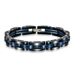 Trendy Mens Industrial Style Stainless Steel Bracelet Black Blue Two Tone Mechanical Link Bracelet 10mm Wide Punk Jewelry Gift