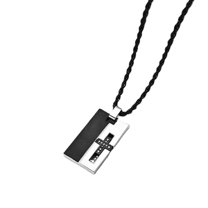 Collier pour hommes en acier inoxydable avec pendentif croix bicolore et cordon noir