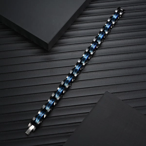Men's industrial stainless steel bracelet with matte black and blue electroplated chain links