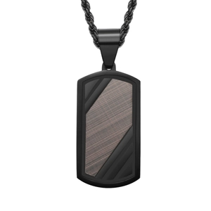 Industrial style bronze dog tag necklace with black metal border and twisted chain cord