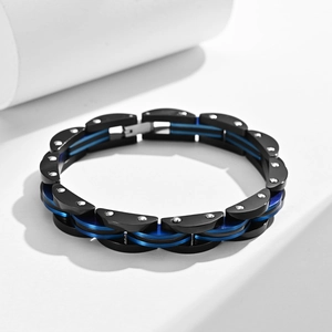 Industrial style men's stainless steel bracelet in matte black and metallic blue finish
