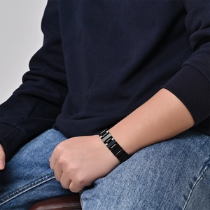 Men's matte black ceramic and titanium steel link bracelet with industrial design