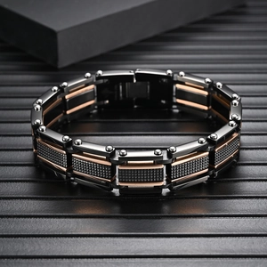 Klassisches breites Herrenarmband aus zweifarbigem Edelstahl mit Netzstruktur-Details