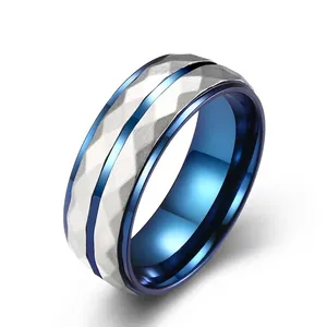 Men Stainless Steel Ring Hip Hop Fashion Industrial Style Faceted Rhombus Texture Blue Silver Dual Tone Band Ring Jewelry