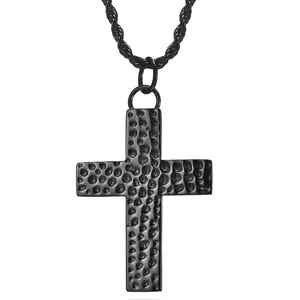 Collier pour Hommes en Acier Inoxydable Noir Vintage Avec Pendentif Croix Martelé et Chaîne Torsadée Style Punk Industriel