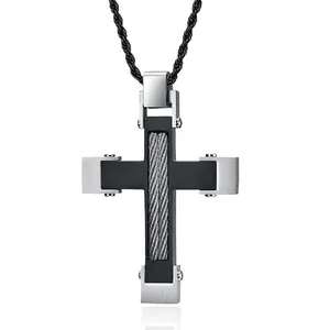 Collier Pendentif Croix en Acier Inoxydable Vintage pour Hommes Câble Industriel Incrusté de Strass Bijoux Tendance