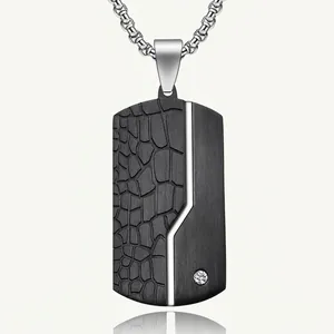 Retro Edelstahl Dog Tag Anhänger Halskette Herren Strass Eingelegt Krokodil Textur Industrie Geometrischer Schmuck Geschenk
