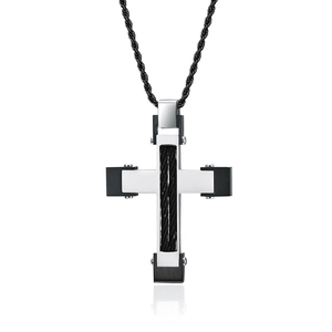 Collier croix classique en acier inoxydable argent et noir avec une chaîne corde noire