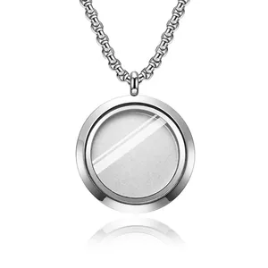 Stainless Steel Round Cremation Urn Locket Necklace Memorial Ashes Holder Pendant With Glass Window And Polished Chain