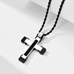 Collier croix pour homme en acier inoxydable argenté et noir avec chaîne corde tressée