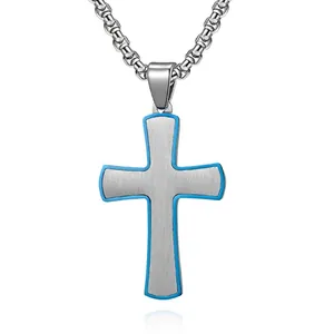 Collier Pendentif Croix en Acier Inoxydable Minimaliste pour Hommes Bijoux Religieux en Métal Brossé avec Chaîne Boîte