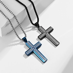 Cross pendant necklaces in blue and black steel with weave pattern and inset crystals