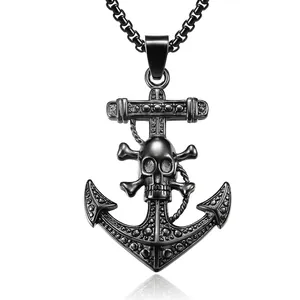 Vintage Anchor Skull Pendant Necklace For Men Stainless Steel Gothic Pirate Nautical Jewelry Sailor Crossbones Box Chain Necklace
