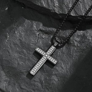 Black stainless steel cross necklace with silver woven texture and zircon inlay on rock