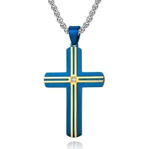 Religious Stainless Steel Cross Pendant Necklace For Men Women Two Tone Brushed Inlaid Rhinestone Jewelry Accessory Gift