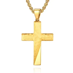 Stainless Steel Cross Pendant Necklace For Men Women Gold Steel Plated Religious Jewelry With Box Chain Beveled Sand Texture